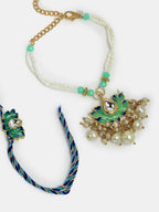 NVR Women & Men Set of 2 Turquoise Blue Lotus Shape Kundan-Studded & Beaded Handcrafted Wraparound Rakhi Set With Roli Chawal - Distacart