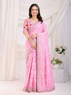 Pink Vichitra Silk Bandhani Printed, Embroidery Work Saree - Ditya