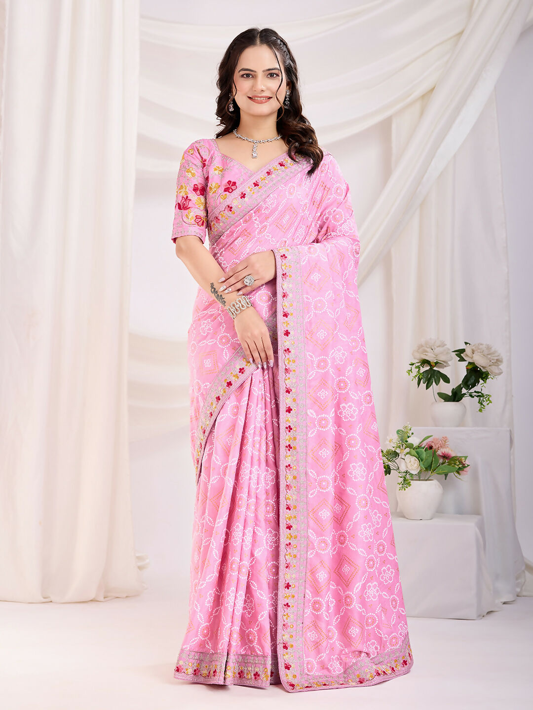 Pink Vichitra Silk Bandhani Printed, Embroidery Work Saree - Ditya