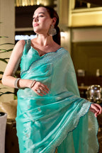 Vastranavya Turquoise Embroidery Work Shimmer Chiffon Saree with Unstitched Blouse - Distacart