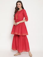 Ahalyaa Women's Red Cotton Gold Print Kurta Sharara Set