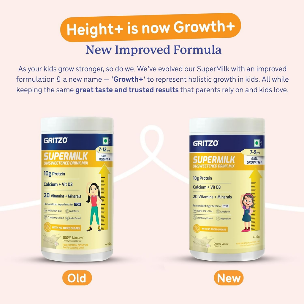 Gritzo SuperMilk Growth+ (Formerly Height+) Unsweetened Drink Mix (7-9y Girls), 10g Protein Powder- Creamy Vanilla