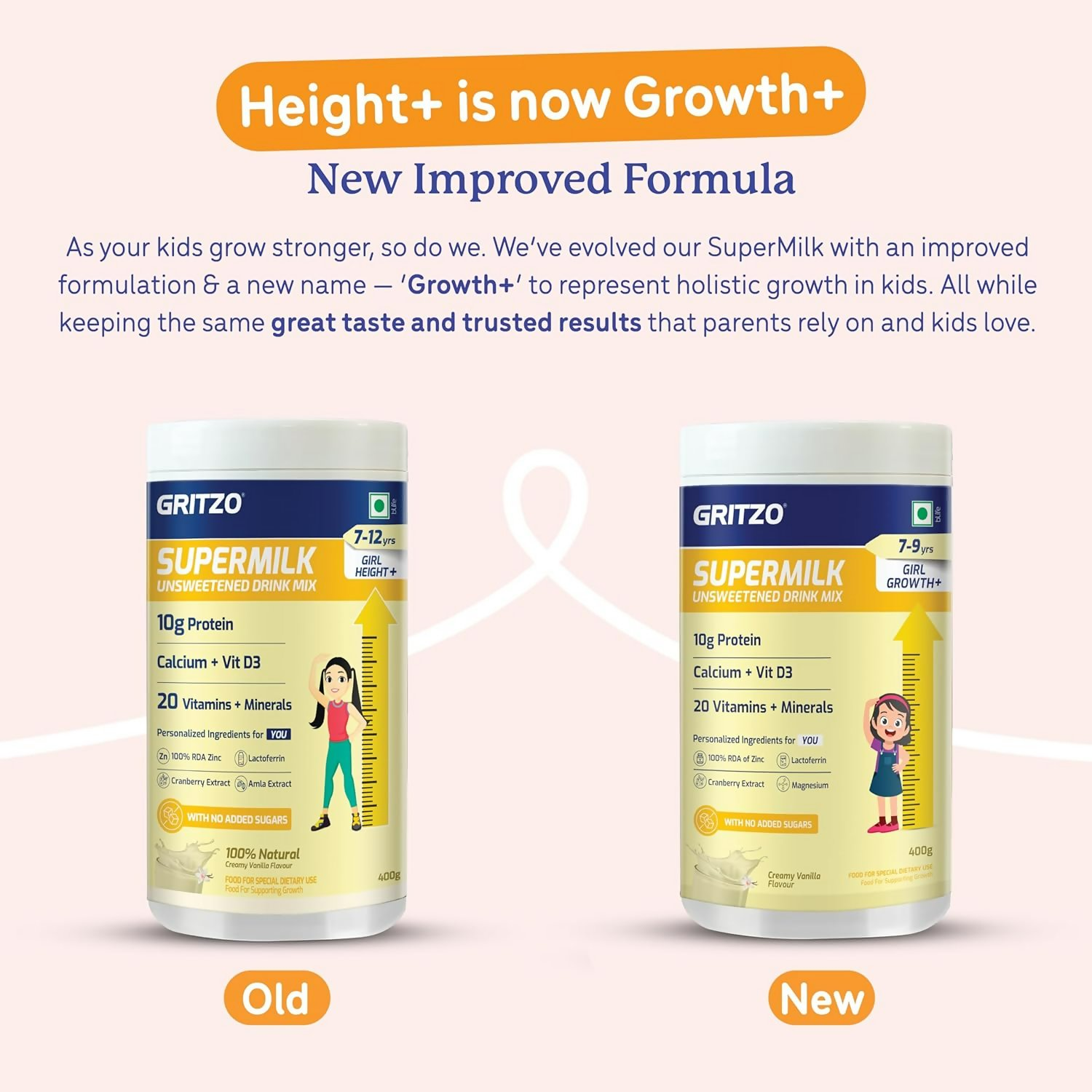 Gritzo SuperMilk Growth+ (Formerly Height+) Unsweetened Drink Mix (7-9y Girls), 10g Protein Powder- Creamy Vanilla