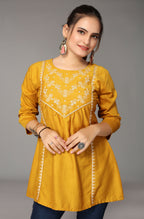 Women's Mustard Viscose blend Embroidered Short Top - Marina