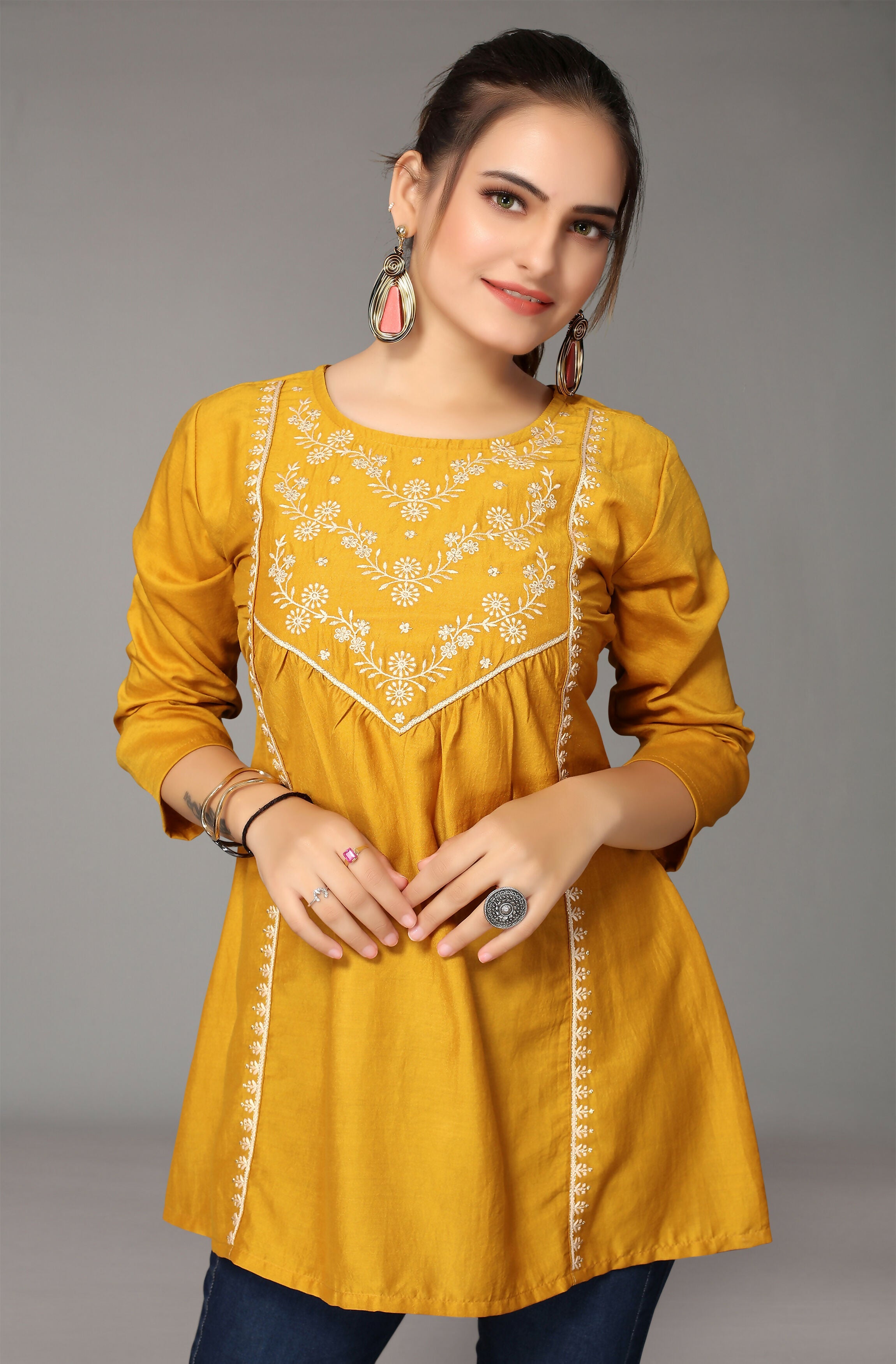 Women's Mustard Viscose blend Embroidered Short Top - Marina