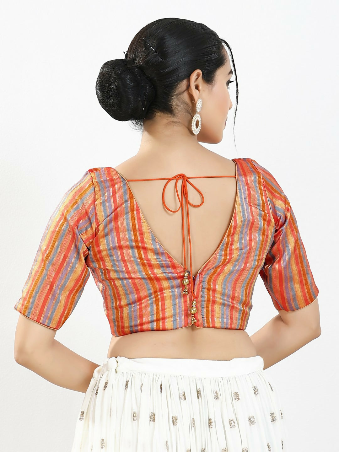 Joban Fashion Orange Multi Brocade Padded Blouse With V Neck Elbow Sleeves - Distacart