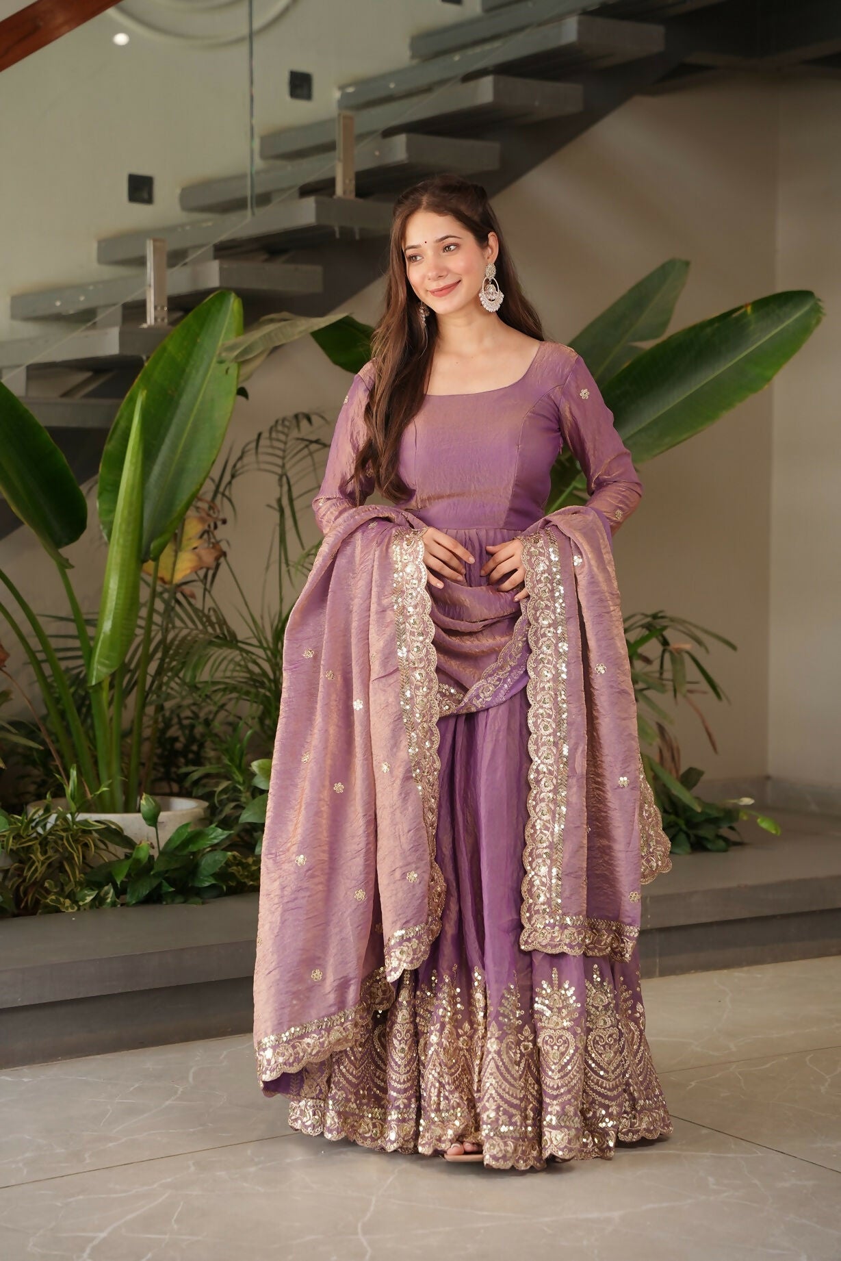 Teeya Creation Onion Color Fendy Silk Wedding Wear Embroidery Work Long Gown - Distacart
