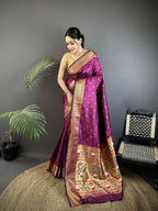 Joban Fashion Wine Butti Woven Soft Lichi Silk Paithani Saree - Distacart