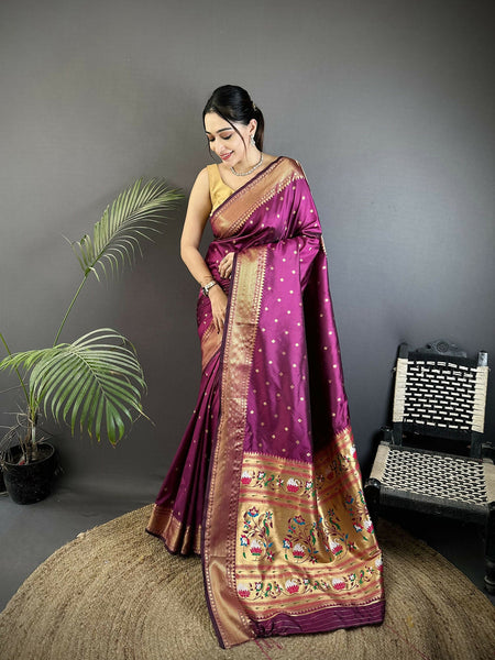 Joban Fashion Wine Butti Woven Soft Lichi Silk Paithani Saree