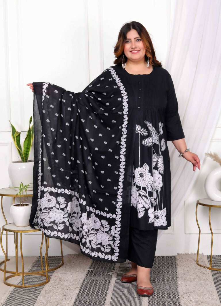 Miravan Women's Plus Size Black Pintucks Detailing Straight Kurta and Palazzo with Dupatta Set