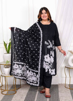 Miravan Women's Plus Size Black Pintucks Detailing Straight Kurta and Palazzo with Dupatta Set