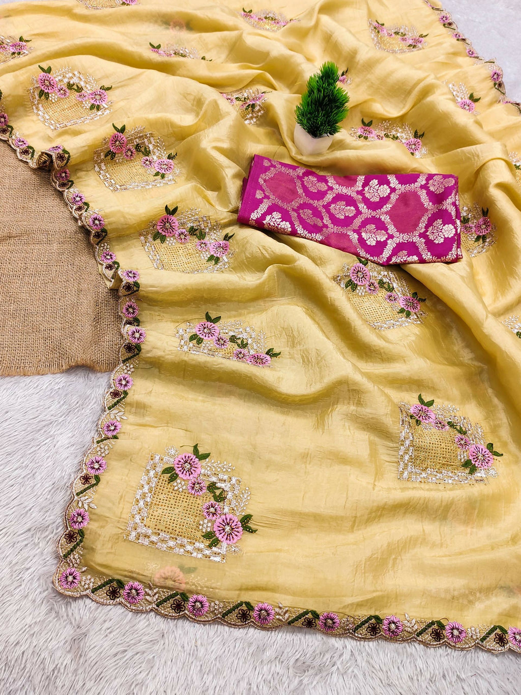 Teeya Creation Yellow Color Pure Paper Silk Heavy Embroidery Work Wedding Wear Saree - Distacart