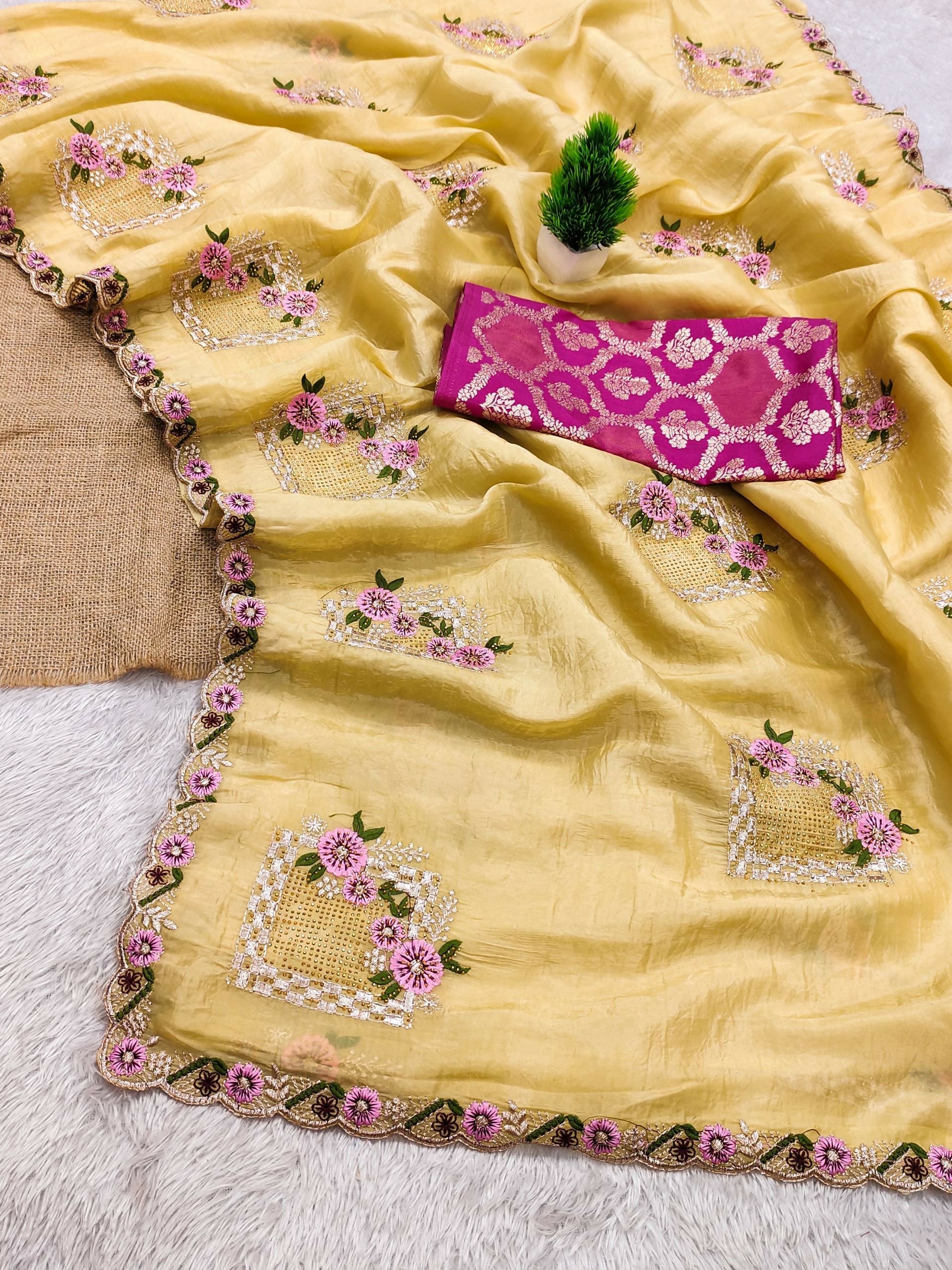 Teeya Creation Yellow Color Pure Paper Silk Heavy Embroidery Work Wedding Wear Saree - Distacart