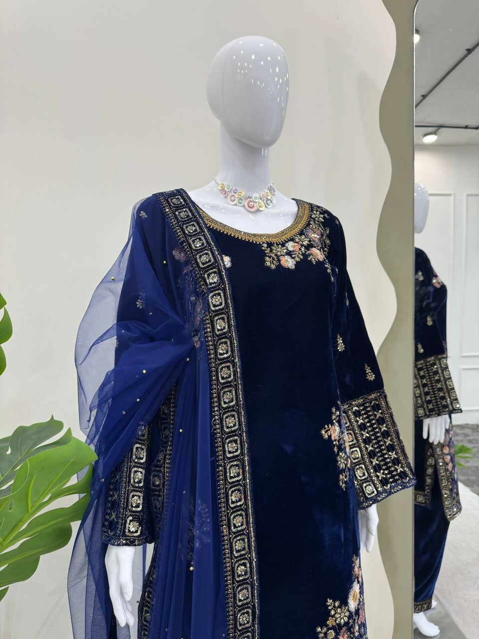 Vastranavya Navy Blue Viscose Velvet Sequence Embroidery Work Kurta & Bottom With Dupatta - Distacart
