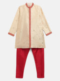 Ahalyaa Beige Poly Silk Gold Print Kids Kurta Churidar Set For Boys