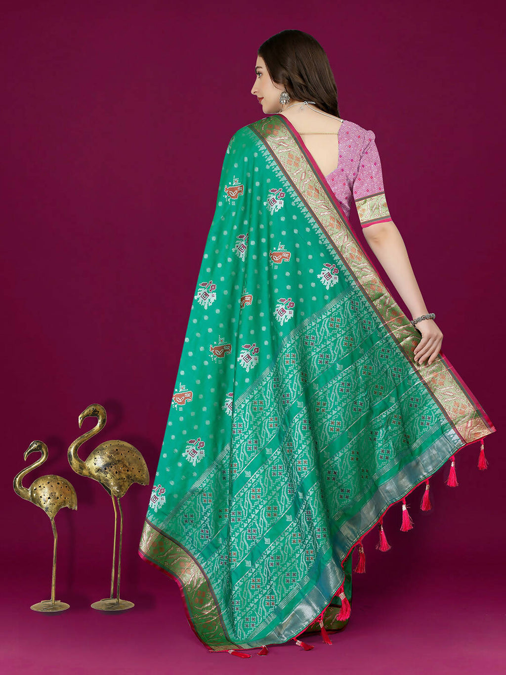 Lorenvalley Fashion Teal Patola Silk Woven Design Zari Meenakari Weaving Saree