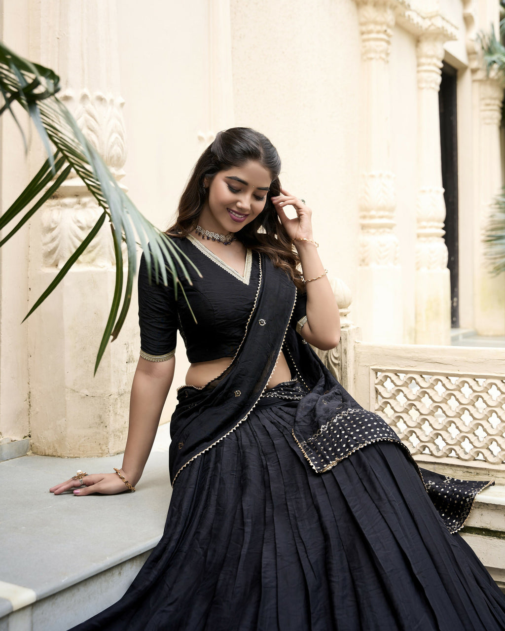 Lorenvalley Black Pure Chanderi Plain With Zari Weaving Work Border Lehenga Choli