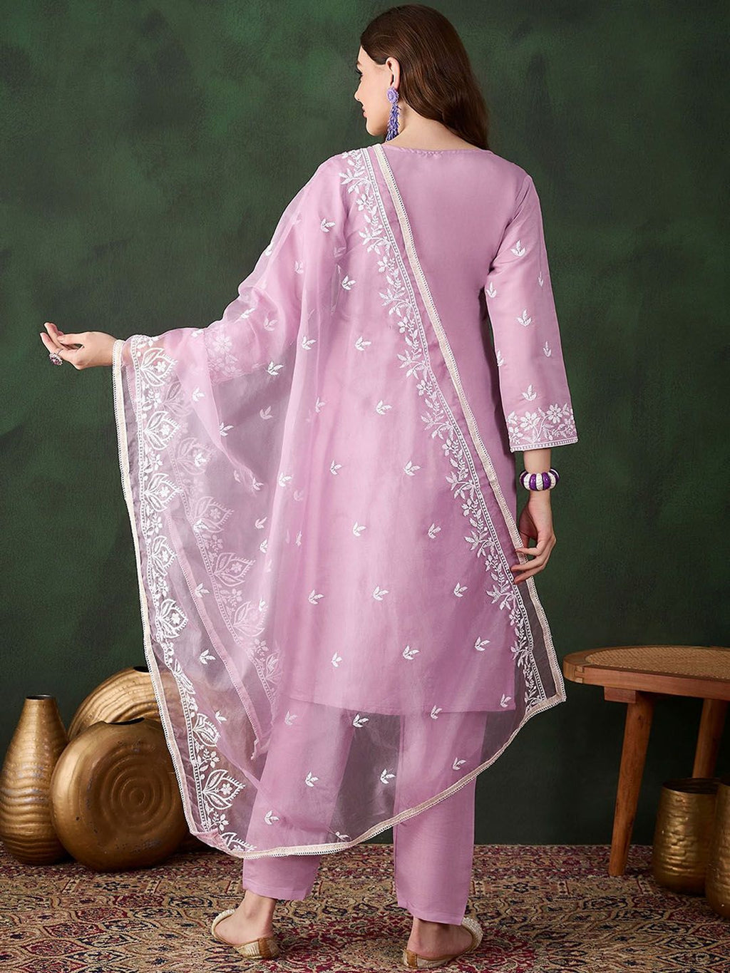 Sangria Lavender Floral Embroidered Thread Work Cotton Kurta & Trouser With Dupatta