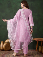 Sangria Lavender Floral Embroidered Thread Work Cotton Kurta & Trouser With Dupatta