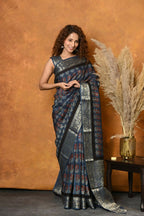 Very Much Indian Modal Silk Ajrakh Handblock Printed Natural Dyes With Designer Border Saree - Black