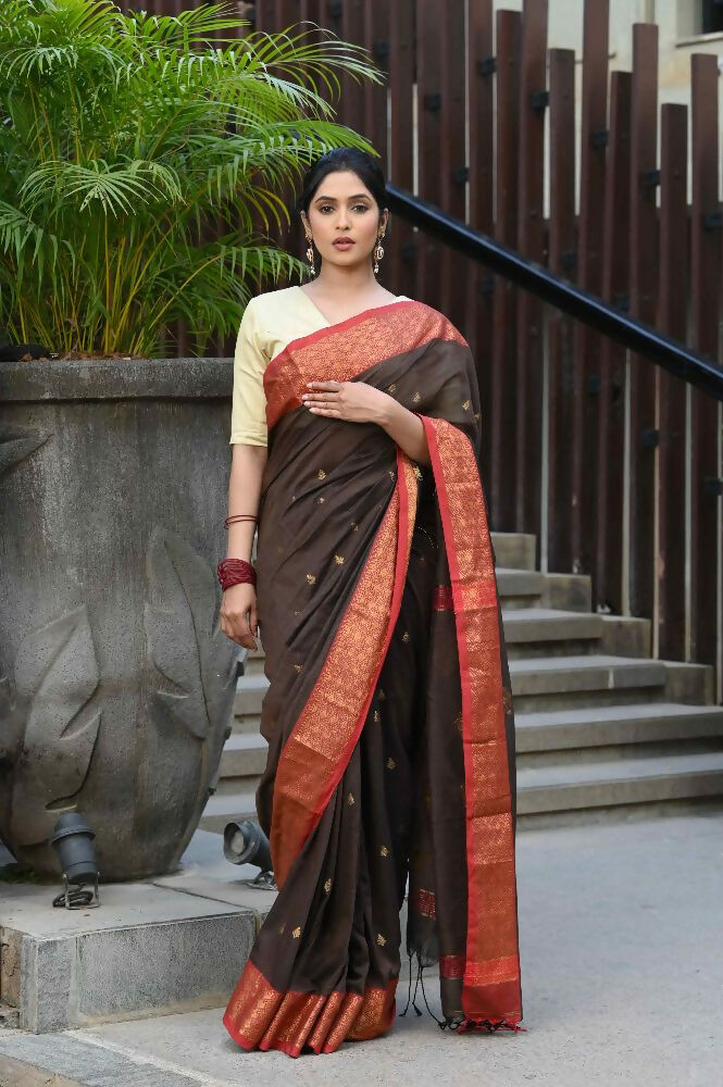 Beatitude Brown Cotton Banarasi Saree