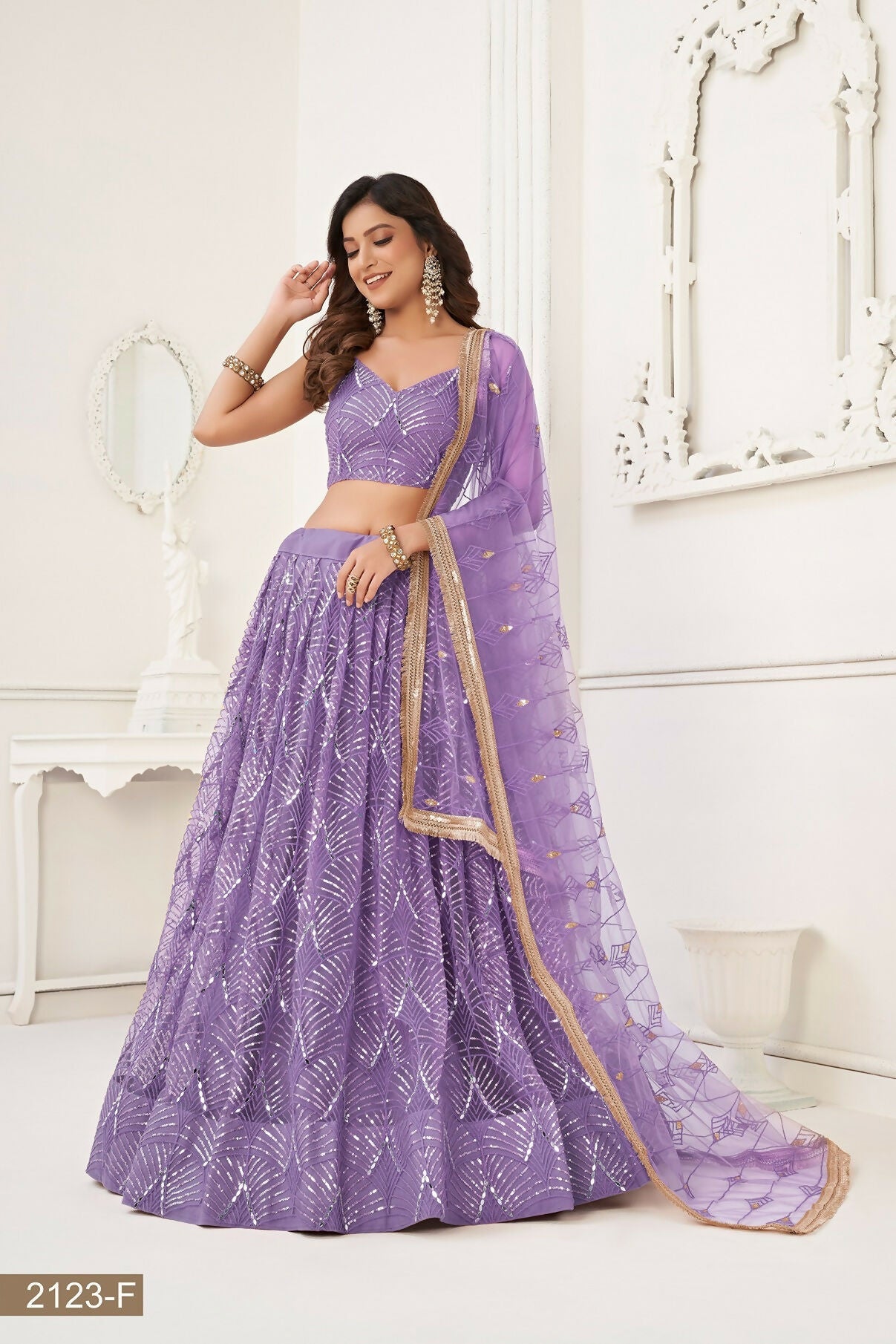 Eilara Glamorous Lavender Net With Sequins And Thread Embroidery Real Mirror Work Lehenga Choli For Wedding