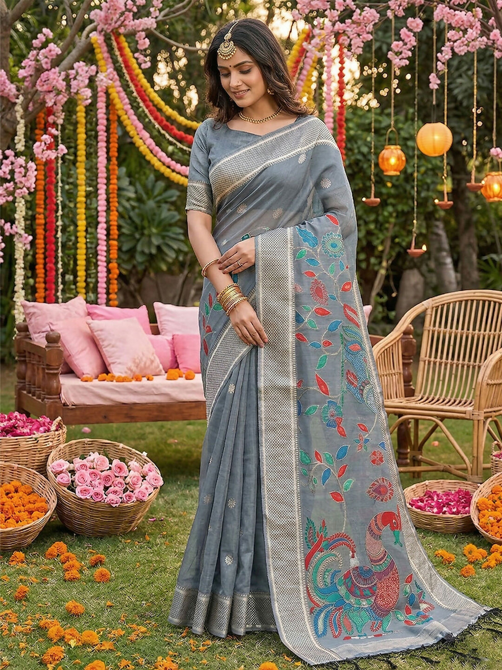 Shree Shyam Fashion Gray Linen Cotton Saree - Distacart