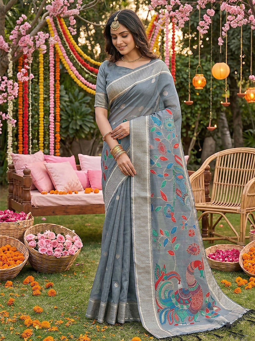 Shree Shyam Fashion Gray Linen Cotton Saree - Distacart