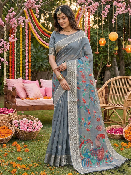 Shree Shyam Fashion Gray Linen Cotton Saree