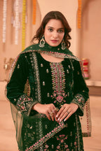 Joban Fashion Green Velvet Embroidery Sequence Work Readymade Kurta Set - Distacart