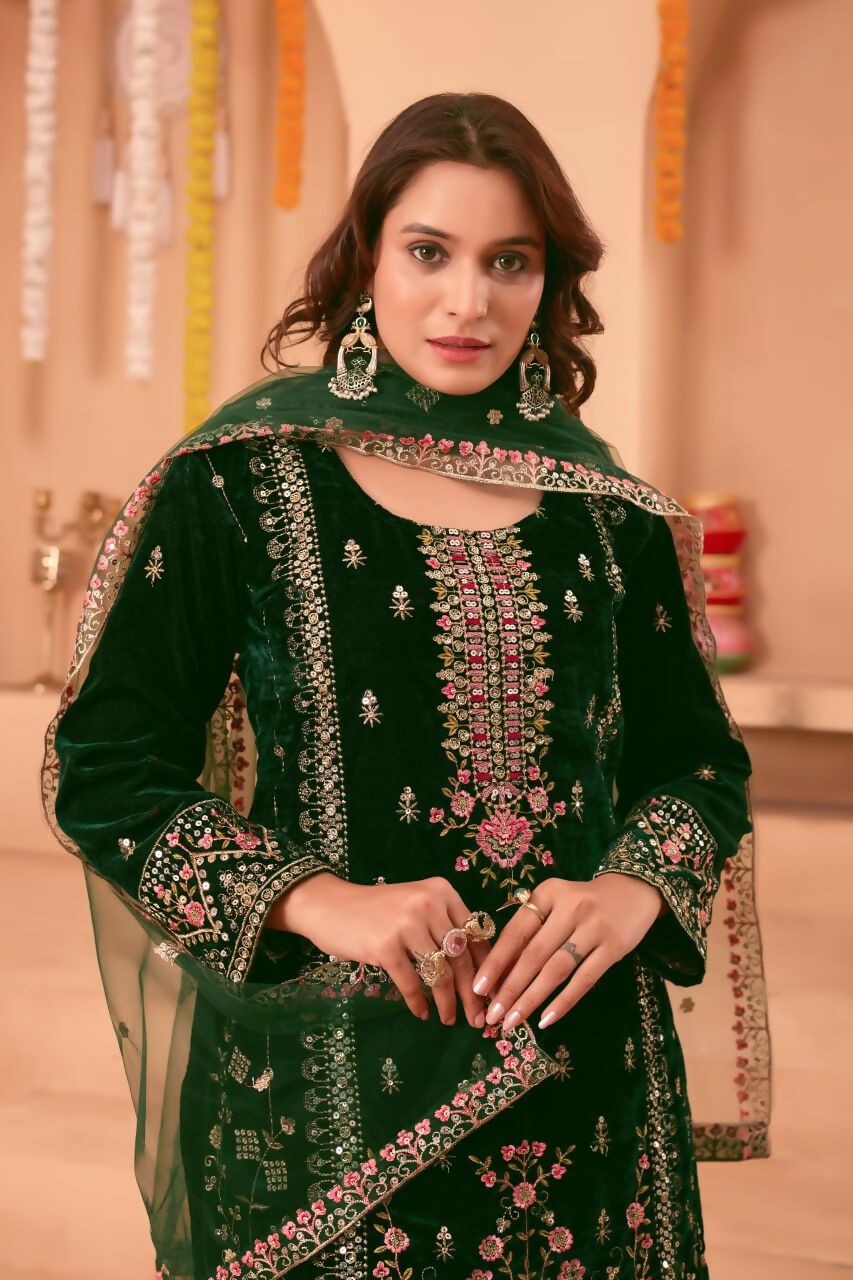 Joban Fashion Green Velvet Embroidery Sequence Work Readymade Kurta Set - Distacart
