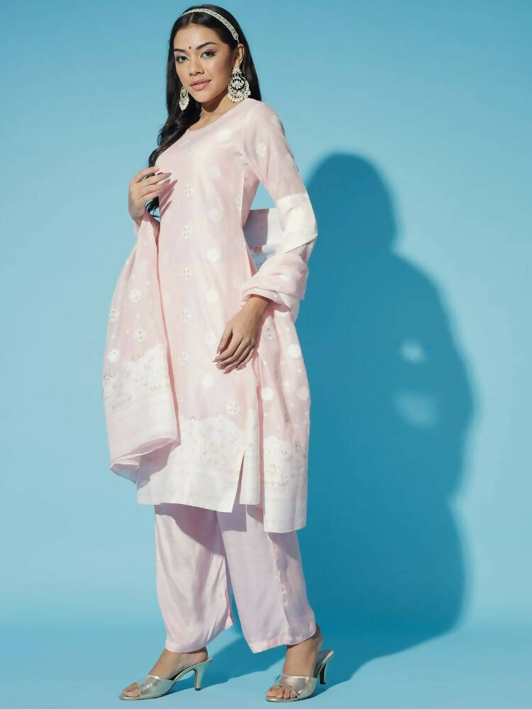 Myshka Women Pink Embroidered Kurta & Trousers With Dupatta - Distacart