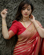 DEIANA'S Beautiful Designer Golden zari Soft Lichi Silk Saree - Red