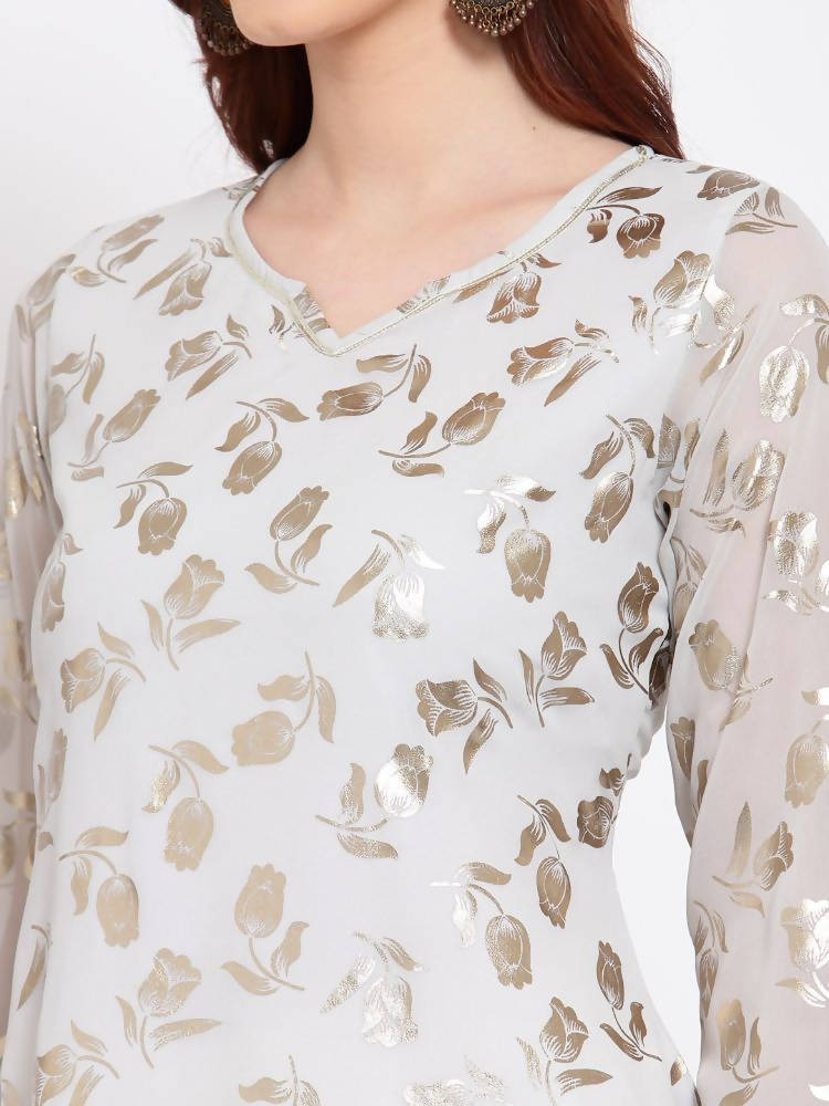 Myshka Women's Grey Printed Georgette 3/4 Sleeve Round Neck Casual Kurta
