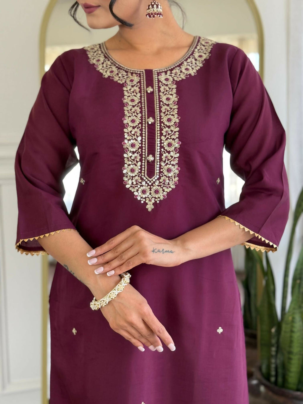 The52 Wine Women's Gorgeous Rayon Fabric Embroidered Work Straight Kurta Pant and Dupatta Set - Distacart