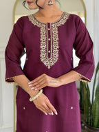 The52 Wine Women's Gorgeous Rayon Fabric Embroidered Work Straight Kurta Pant and Dupatta Set - Distacart