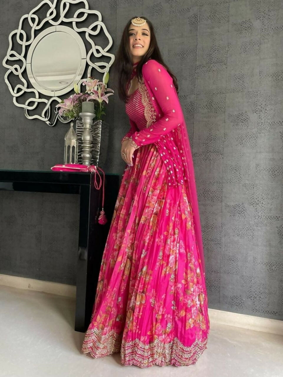 Jyoti Fashion Pink Jari with Sequin Embroidered Georgette Semi Lehenga Choli with Dupatta