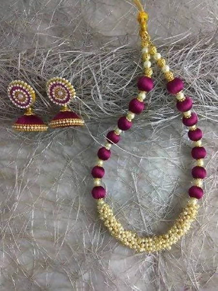 Dark Pink with White Beads Silk Threaded Necklace Set and Earrings