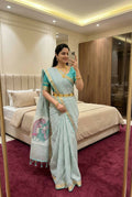 Vastranavya Sky Blue Linen Cotton Meenakari Weaving Pallu Saree with Contrast Blouse - Distacart
