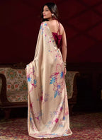 Vastranavya Cream Satin Silk Floral Printed with Pearl Lace Saree with Unstitched Blouse - Distacart