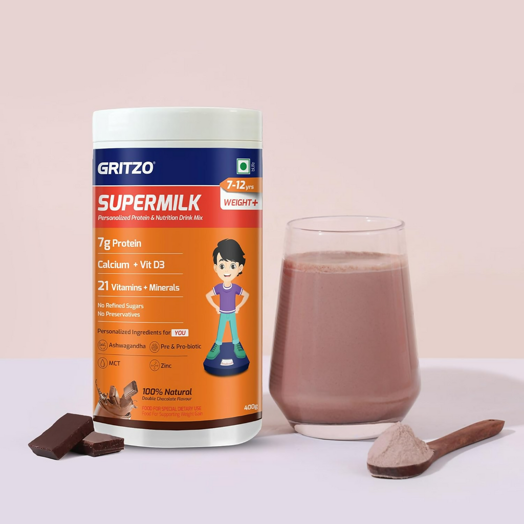 Gritzo SuperMilk Weight+ (13+y Boys), 10g Protein Powder (Double Chocolate) - Distacart