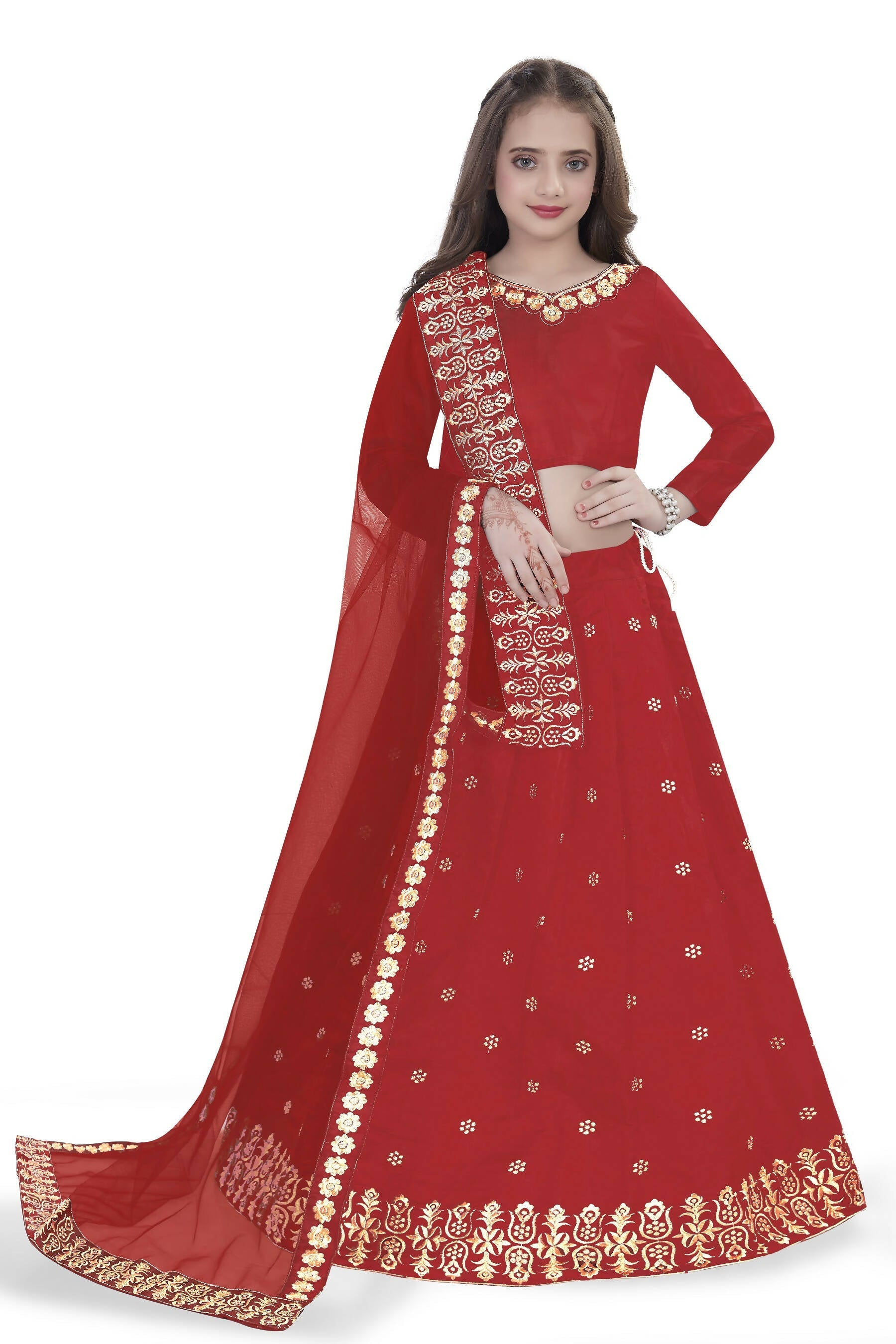 Dwiden Red Queen Tafetta Sattin Semi-Stitched Girl's Lehenga Choli