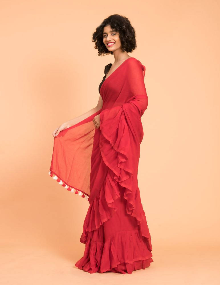 Suta Red Pure Cotton Solid Ruffle Saree - Distacart