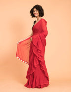 Suta Red Pure Cotton Solid Ruffle Saree - Distacart