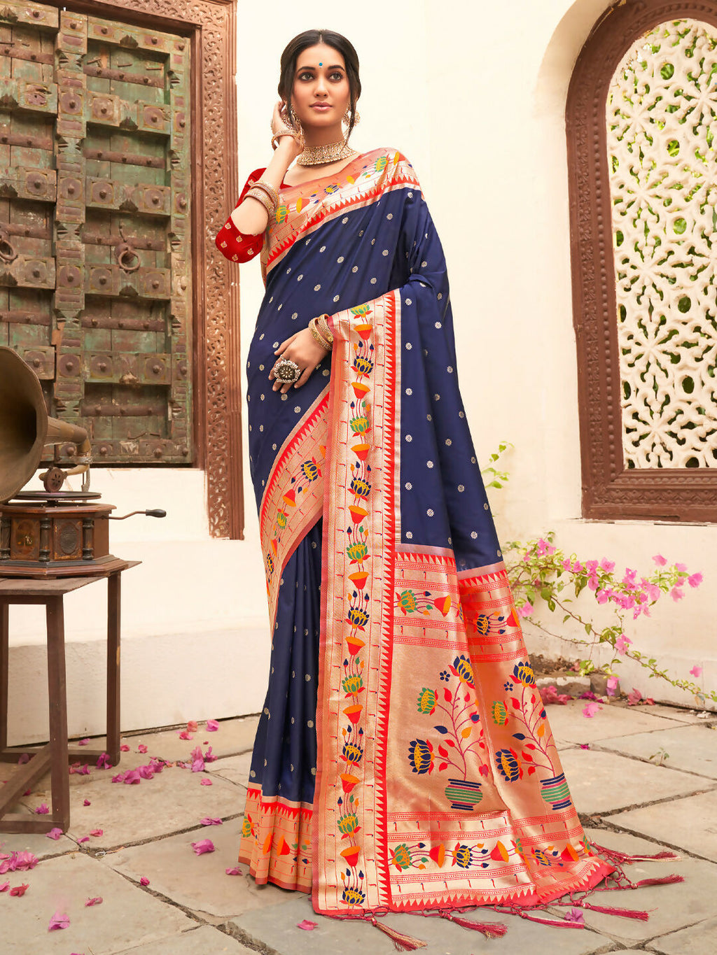 Shree Shyam Fashion Silk Blend Navy Blue Saree - Distacart