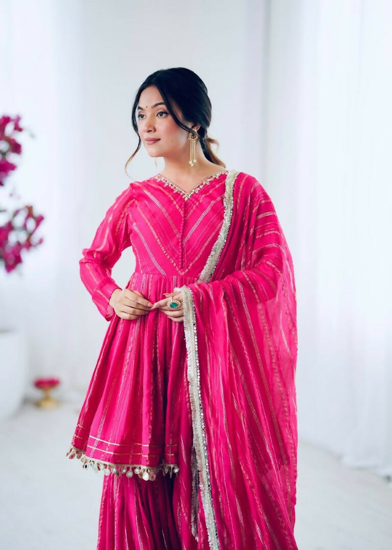 Teeya Creation Pink Color Mal Chanderi Silk Mirror Work And Hand Work Sharara set - Distacart