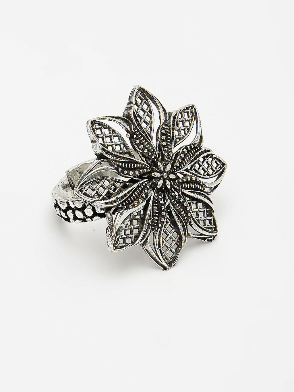 NVR Women's Silver-Toned Floral Shape Adjustable Finger Ring