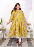 Miravan Women's Plus Size Cotton Gota Patti And Lace Border Details Floral Printed Yellow Anarkali Kurta