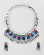 VOJ Silver Plated Oxidized Peacock Print Hasli with Earring Set