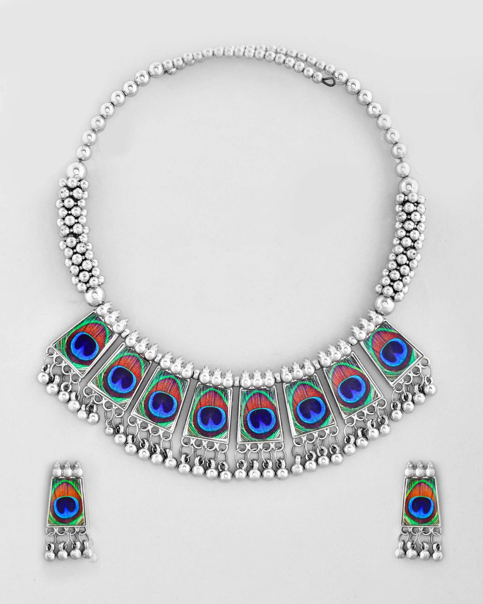VOJ Silver Plated Oxidized Peacock Print Hasli with Earring Set